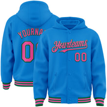 Charger l&#39;image dans la galerie, Custom Powder Blue Pink-Kelly Green Bomber Full-Snap Varsity Letterman Hoodie Jacket
