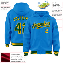 Загрузить изображение в средство просмотра галереи, Custom Powder Blue Green-Gold Bomber Full-Snap Varsity Letterman Hoodie Jacket
