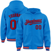 Charger l&#39;image dans la galerie, Custom Powder Blue Red-Royal Bomber Full-Snap Varsity Letterman Hoodie Jacket
