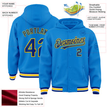 Charger l&#39;image dans la galerie, Custom Powder Blue Royal-Yellow Bomber Full-Snap Varsity Letterman Hoodie Jacket
