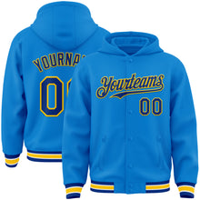 Charger l&#39;image dans la galerie, Custom Powder Blue Royal-Yellow Bomber Full-Snap Varsity Letterman Hoodie Jacket
