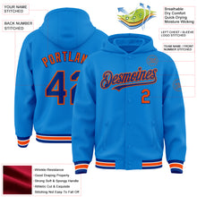 Laden Sie das Bild in den Galerie-Viewer, Custom Powder Blue Royal-Orange Bomber Full-Snap Varsity Letterman Hoodie Jacket
