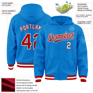 Custom Powder Blue Red-White Bomber Full-Snap Varsity Letterman Hoodie Jacket