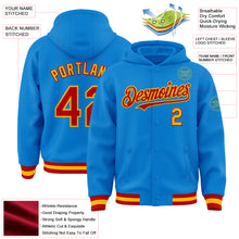 Load image into Gallery viewer, Custom Powder Blue Red-Gold Bomber Full-Snap Varsity Letterman Hoodie Jacket
