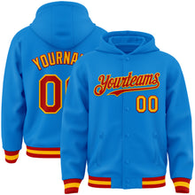 Load image into Gallery viewer, Custom Powder Blue Red-Gold Bomber Full-Snap Varsity Letterman Hoodie Jacket
