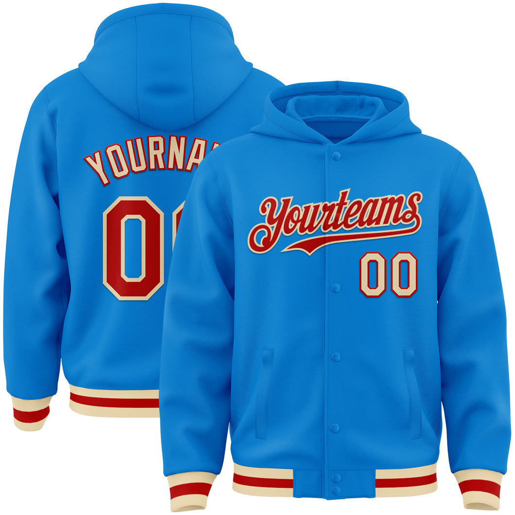 Custom Powder Blue Red-Cream Bomber Full-Snap Varsity Letterman Hoodie Jacket