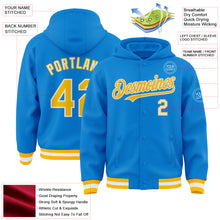 Laden Sie das Bild in den Galerie-Viewer, Custom Powder Blue Gold-White Bomber Full-Snap Varsity Letterman Hoodie Jacket
