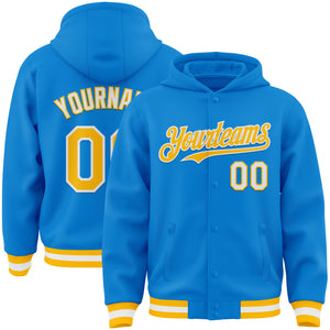 Custom Powder Blue Gold-White Bomber Full-Snap Varsity Letterman Hoodie Jacket