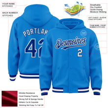 Laden Sie das Bild in den Galerie-Viewer, Custom Powder Blue Royal-White Bomber Full-Snap Varsity Letterman Hoodie Jacket
