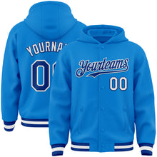 Laden Sie das Bild in den Galerie-Viewer, Custom Powder Blue Royal-White Bomber Full-Snap Varsity Letterman Hoodie Jacket
