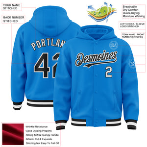 Custom Powder Blue Black-White Bomber Full-Snap Varsity Letterman Hoodie Jacket