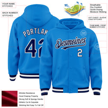 Load image into Gallery viewer, Custom Powder Blue Navy-White Bomber Full-Snap Varsity Letterman Hoodie Jacket
