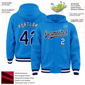 Custom Powder Blue Navy-White Bomber Full-Snap Varsity Letterman Hoodie Jacket