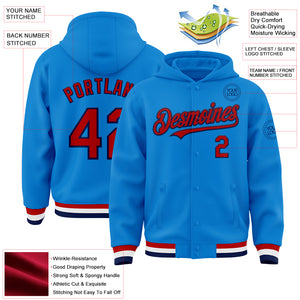 Custom Powder Blue Red-Navy Bomber Full-Snap Varsity Letterman Hoodie Jacket