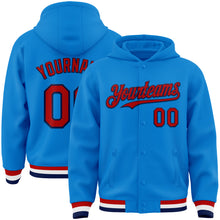 Laden Sie das Bild in den Galerie-Viewer, Custom Powder Blue Red-Navy Bomber Full-Snap Varsity Letterman Hoodie Jacket
