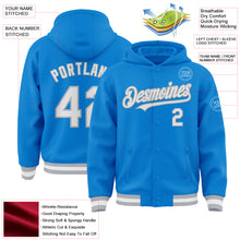 Laden Sie das Bild in den Galerie-Viewer, Custom Powder Blue White-Gray Bomber Full-Snap Varsity Letterman Hoodie Jacket
