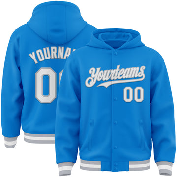 Custom Powder Blue White-Gray Bomber Full-Snap Varsity Letterman Hoodie Jacket