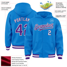 Charger l&#39;image dans la galerie, Custom Powder Blue Purple-White Bomber Full-Snap Varsity Letterman Hoodie Jacket
