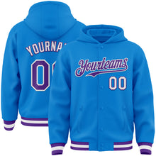 Charger l&#39;image dans la galerie, Custom Powder Blue Purple-White Bomber Full-Snap Varsity Letterman Hoodie Jacket
