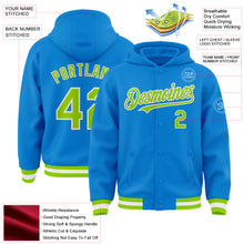 Laden Sie das Bild in den Galerie-Viewer, Custom Powder Blue Neon Green-White Bomber Full-Snap Varsity Letterman Hoodie Jacket
