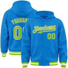 Laden Sie das Bild in den Galerie-Viewer, Custom Powder Blue Neon Green-White Bomber Full-Snap Varsity Letterman Hoodie Jacket
