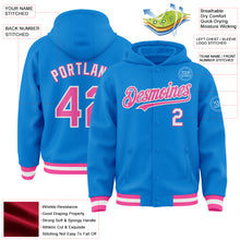 Laden Sie das Bild in den Galerie-Viewer, Custom Powder Blue Pink-White Bomber Full-Snap Varsity Letterman Hoodie Jacket
