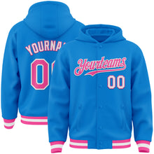 Laden Sie das Bild in den Galerie-Viewer, Custom Powder Blue Pink-White Bomber Full-Snap Varsity Letterman Hoodie Jacket
