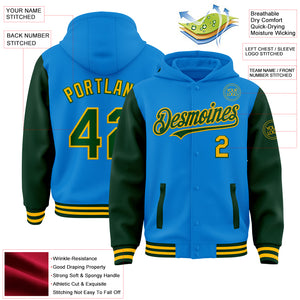 Custom Powder Blue Green-Gold Bomber Full-Snap Varsity Letterman Two Tone Hoodie Jacket