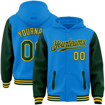 Custom Powder Blue Green-Gold Bomber Full-Snap Varsity Letterman Two Tone Hoodie Jacket