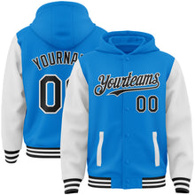 Laden Sie das Bild in den Galerie-Viewer, Custom Powder Blue Black-White Bomber Full-Snap Varsity Letterman Two Tone Hoodie Jacket
