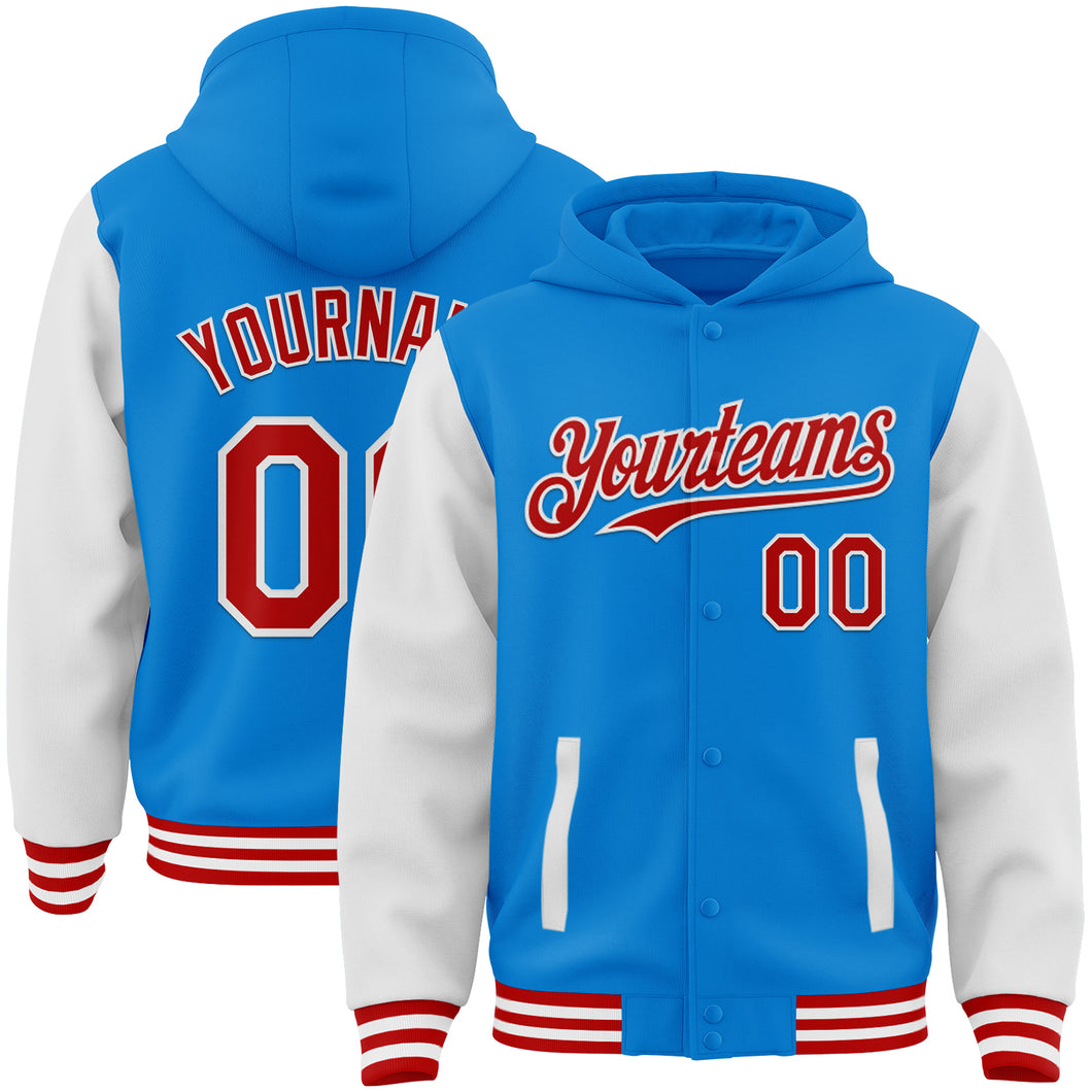 Custom Powder Blue Red-White Bomber Full-Snap Varsity Letterman Two Tone Hoodie Jacket