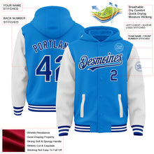 Load image into Gallery viewer, Custom Powder Blue Royal-White Bomber Full-Snap Varsity Letterman Two Tone Hoodie Jacket
