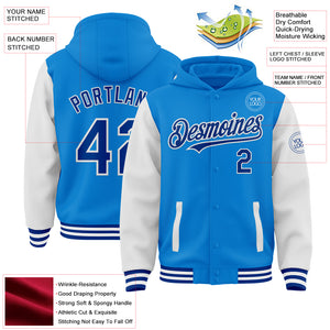 Custom Powder Blue Royal-White Bomber Full-Snap Varsity Letterman Two Tone Hoodie Jacket