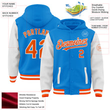 Laden Sie das Bild in den Galerie-Viewer, Custom Powder Blue Orange-White Bomber Full-Snap Varsity Letterman Two Tone Hoodie Jacket
