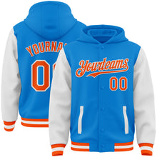 Laden Sie das Bild in den Galerie-Viewer, Custom Powder Blue Orange-White Bomber Full-Snap Varsity Letterman Two Tone Hoodie Jacket
