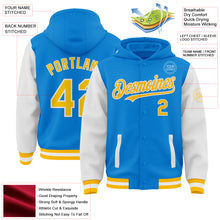 Load image into Gallery viewer, Custom Powder Blue Gold-White Bomber Full-Snap Varsity Letterman Two Tone Hoodie Jacket
