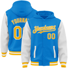 Load image into Gallery viewer, Custom Powder Blue Gold-White Bomber Full-Snap Varsity Letterman Two Tone Hoodie Jacket
