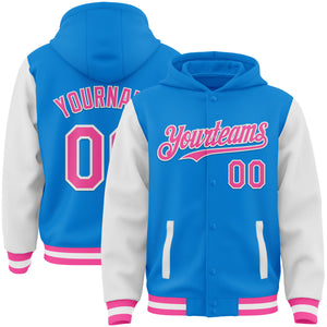 Custom Powder Blue Pink-White Bomber Full-Snap Varsity Letterman Two Tone Hoodie Jacket