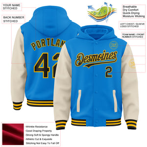 Custom Powder Blue Black Cream-Gold Bomber Full-Snap Varsity Letterman Two Tone Hoodie Jacket