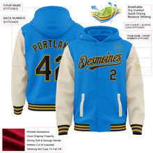 Load image into Gallery viewer, Custom Powder Blue Black Cream-Old Gold Bomber Full-Snap Varsity Letterman Two Tone Hoodie Jacket
