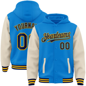 Custom Powder Blue Navy Cream-Gold Bomber Full-Snap Varsity Letterman Two Tone Hoodie Jacket