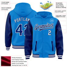 Charger l&#39;image dans la galerie, Custom Powder Blue Royal-White Bomber Full-Snap Varsity Letterman Two Tone Hoodie Jacket
