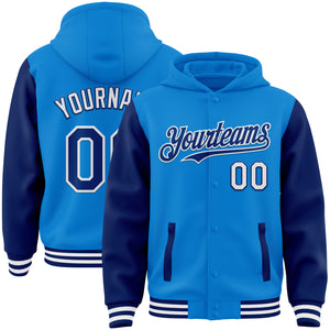 Custom Powder Blue Royal-White Bomber Full-Snap Varsity Letterman Two Tone Hoodie Jacket