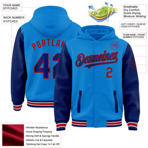 Custom Powder Blue Royal-Red Bomber Full-Snap Varsity Letterman Two Tone Hoodie Jacket