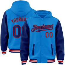 Charger l&#39;image dans la galerie, Custom Powder Blue Royal-Red Bomber Full-Snap Varsity Letterman Two Tone Hoodie Jacket
