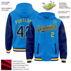 Custom Powder Blue Royal-Yellow Bomber Full-Snap Varsity Letterman Two Tone Hoodie Jacket