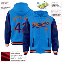 Charger l&#39;image dans la galerie, Custom Powder Blue Royal-Orange Bomber Full-Snap Varsity Letterman Two Tone Hoodie Jacket
