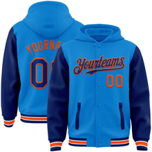 Charger l&#39;image dans la galerie, Custom Powder Blue Royal-Orange Bomber Full-Snap Varsity Letterman Two Tone Hoodie Jacket
