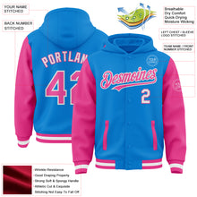 Charger l&#39;image dans la galerie, Custom Powder Blue Pink-White Bomber Full-Snap Varsity Letterman Two Tone Hoodie Jacket
