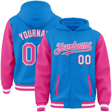 Charger l&#39;image dans la galerie, Custom Powder Blue Pink-White Bomber Full-Snap Varsity Letterman Two Tone Hoodie Jacket
